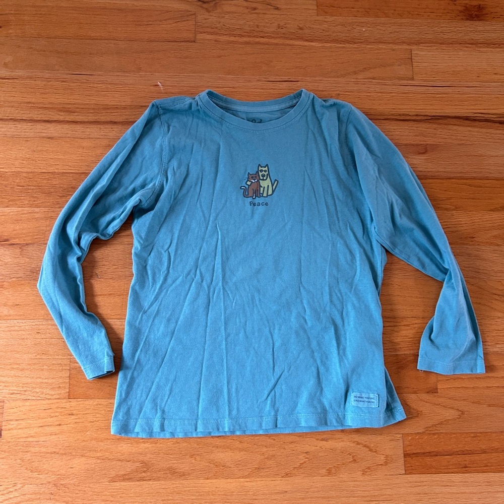 Kids Long-Sleeve Blue Graphic Tee - Peace Cat 100% cotton